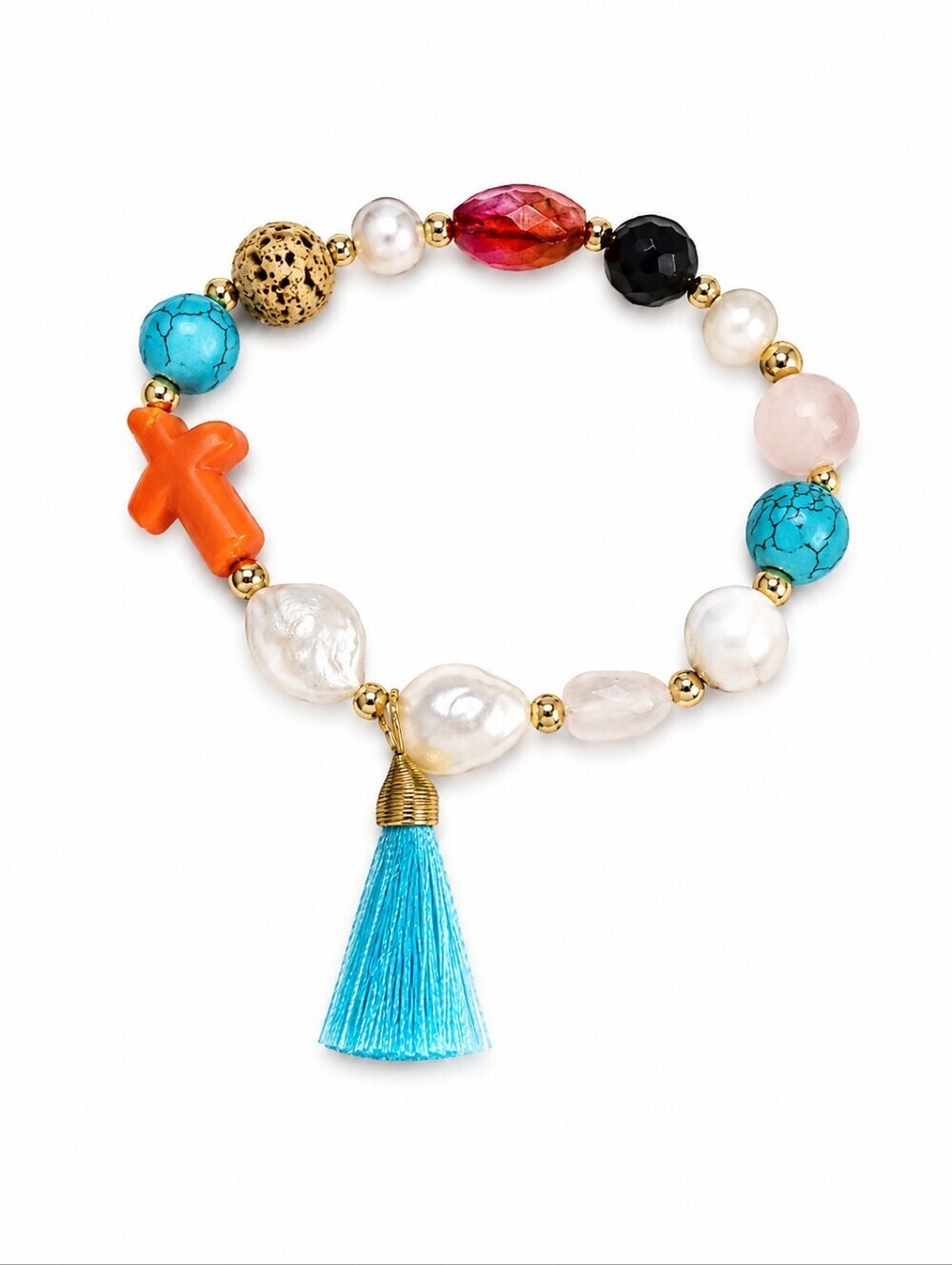 3/$30 HANDMADE Gemstone Acrylic Cross Tassel Beaded Stretch Bracelet